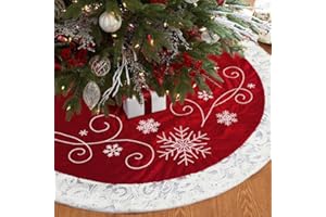 XAMSHOR Red Christmas Tree Skirt 48 Inches Snow Sequin Embroidery with White Trim Border Decor for Xmas Holiday Party Ornaments