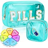 jiffordwind 2 Pcs Travel Medicine Bag with Medicine Box,Chenille Letter Clear Makeup Meds Bag Transparent PVC & Nylon Waterproof Portable Glitter Cosmetic Toiletry Storage for Women Girl (Blue)