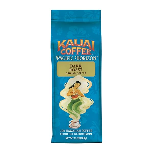 KAUAI COFFEE GROUND COFFEE – SMOOTH, RICH, DARK ROAST – NUTTY NOTES WITH CHOCOLATE OVERTONES – ARABICA COFFEE, 10% HAWAIIAN WITH NO BITTERNESS – KOLOA ESTATE, 1 PACK OF 10OZ