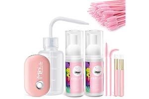 Buqikma Lash Shampoo Kit - 2PCS 60ML Eyelash Shampoo Lash Cleaning Kit for Eyelash Extensions Foam Lash Cleanser with Type C Mini Lash Fan Rinse Bottle Mascara Brushes for Lash Wash Salon Home(Pink)