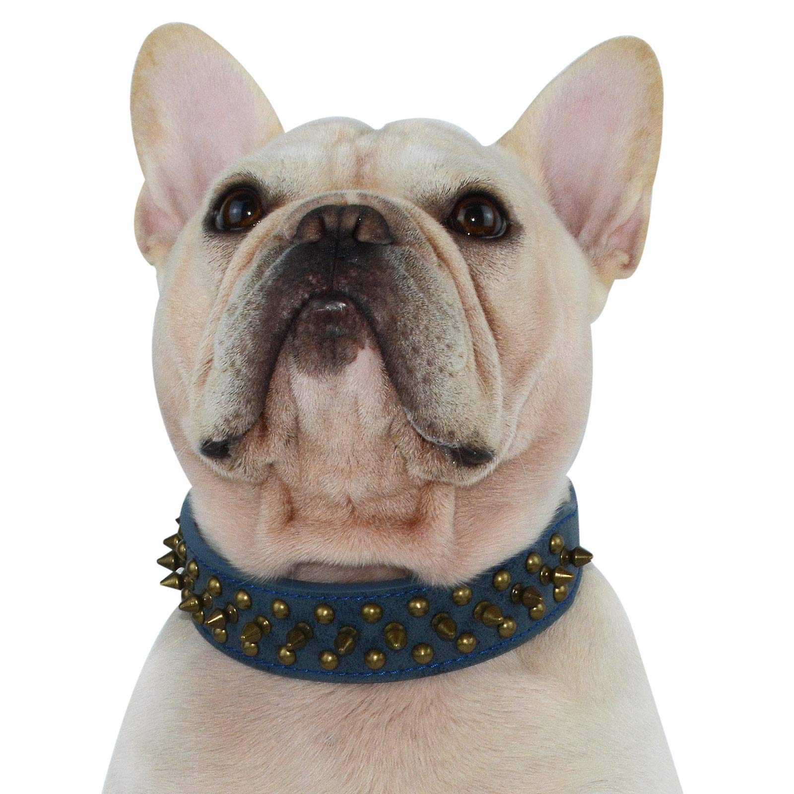 Hifrenchies Mushrooms Spiked Rivet Studded Dog Collar Adjustable Microfiber Leather Pet Collars for Frenchie/Bulldog/Pugs Suitable for Small Medium Large Dog(S,Antique-Blue) — image 1