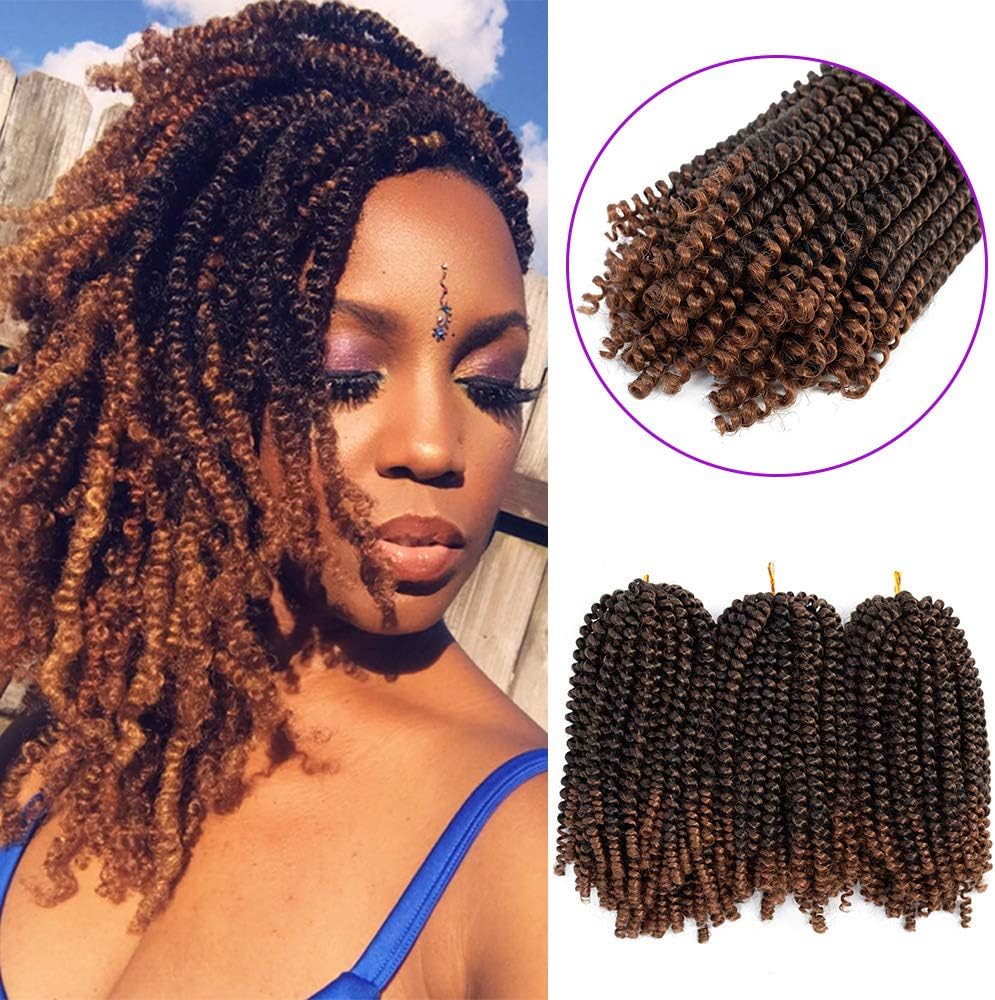 3 Pack Spring Twist Hair Braiding Hair Ombre Brown Spring Twist Bomb Twists Ombre Colors Braiding Crochet Hair Synthetic Fluffy Hair Extensions 8inch 110g(T1B-30)