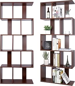 amzdeal Bookshelf 5 Tier Modern Bookcase, Geometric Wooden Storage Display Shelf S Shaped Book Shelves 5 Shelf for Books, CDs, Records, Home Office Decor, Walnut Brown