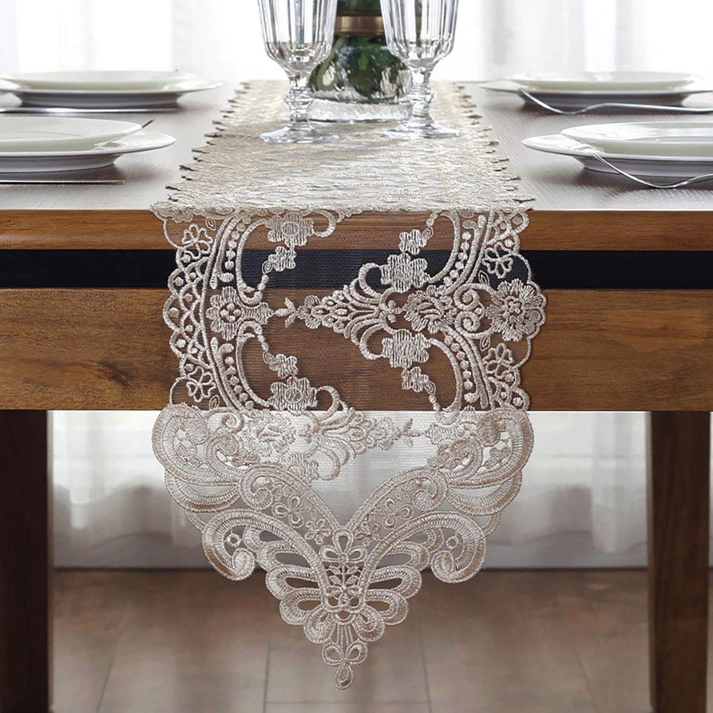 Cileruide Transparent Floral Jacquard Lace Table Runner Embroidery Cover Decorations Multi-Sizes for Dining Table Washable (Champagne,26x280cm)