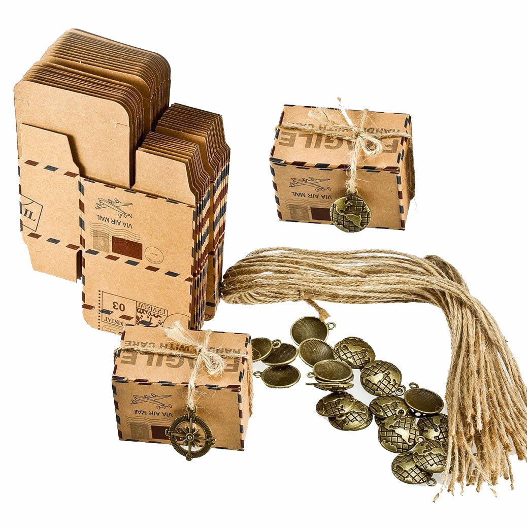 OFKPO 50 pcs Vintage Paper Candy Box Travel Theme Airplane For Wedding Party Favour Gift Box With Burlap Twine