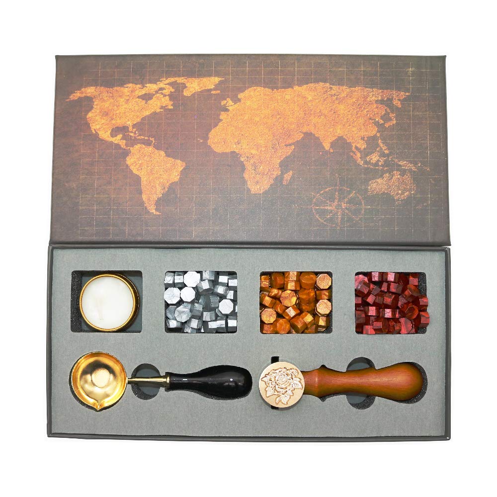 BITEYI Wax Seal Stamp Set with Sealing Wax Beads,Brass Seal Stamp,Melting Spoon,Candle,Gift Box set (Rose)