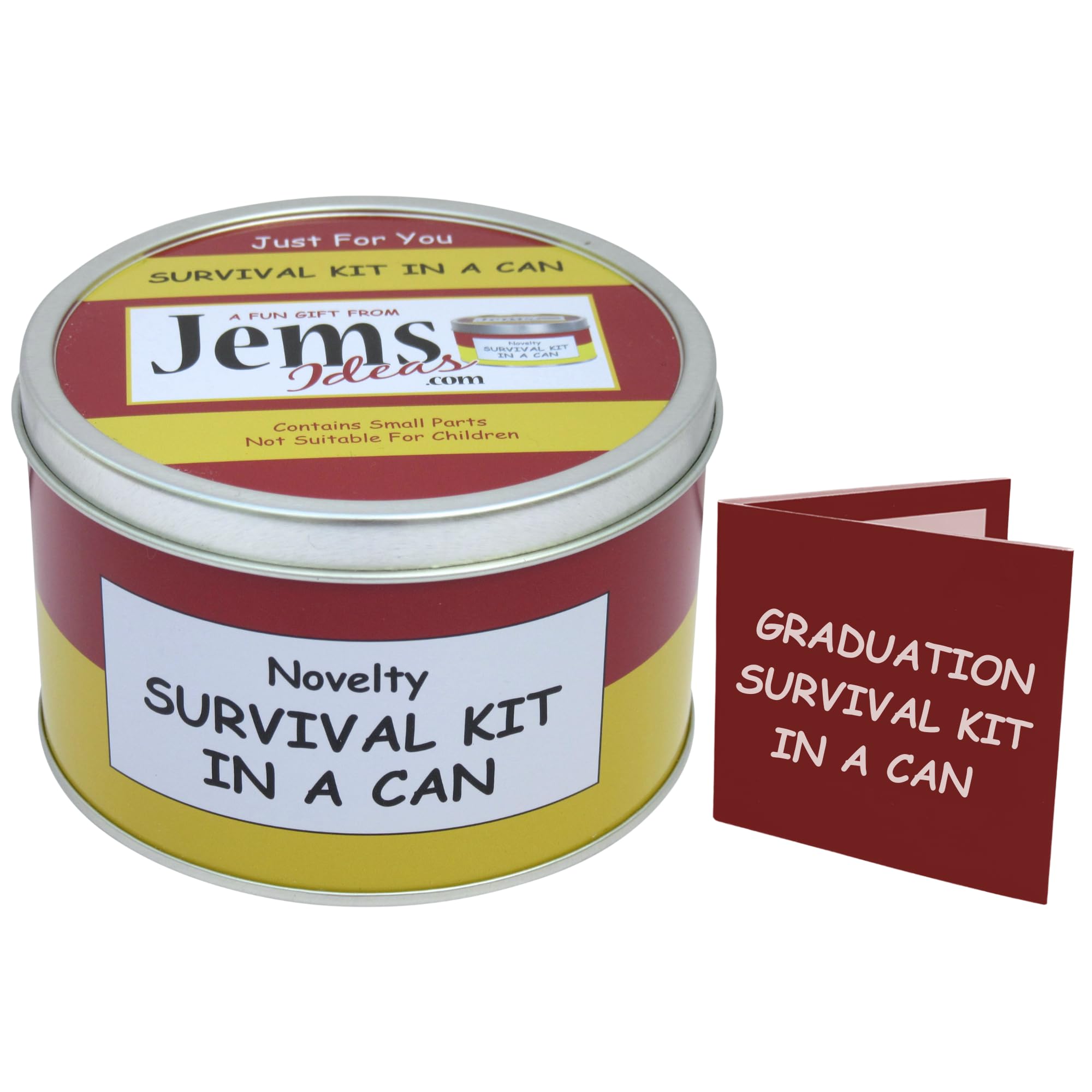 Graduation Survival Kit in a Can – Funny Novelty Gift for University Graduate – Humorous Well Done Present with Card – Fun Congratulations Gift Set for Him or Her (Red/Yellow)