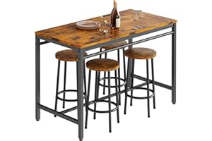 AWQM Bar Table Set, Kitchen Table and Chairs for 4, Industrial Counter Height Pub Dining Set with 4 Round Bar Stools, Heavy Duty Metal Frame, Rustic Brown and Black