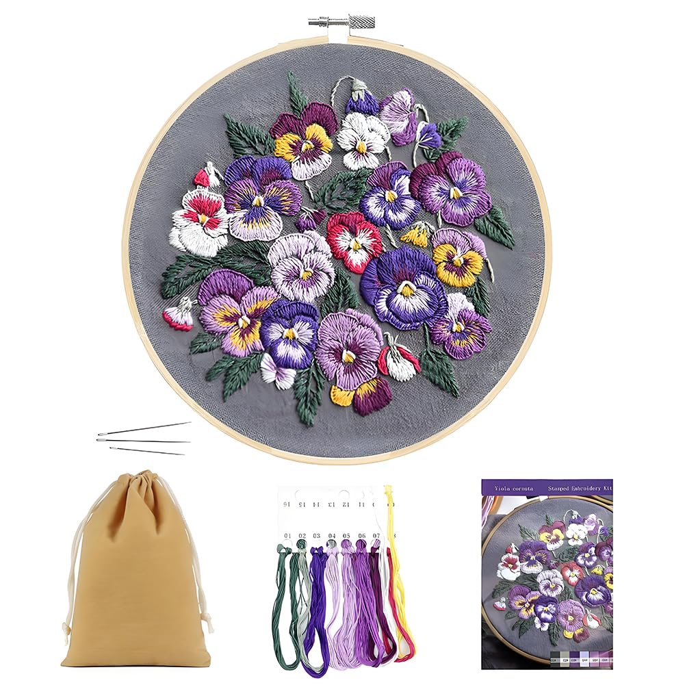 SwirlColor Embroidery Kits for Adults, Quality Linen Fabric Brilliant Embroidery Kit for Beginners with Embroidery Thread Embroidery Hoop (Flower 4)