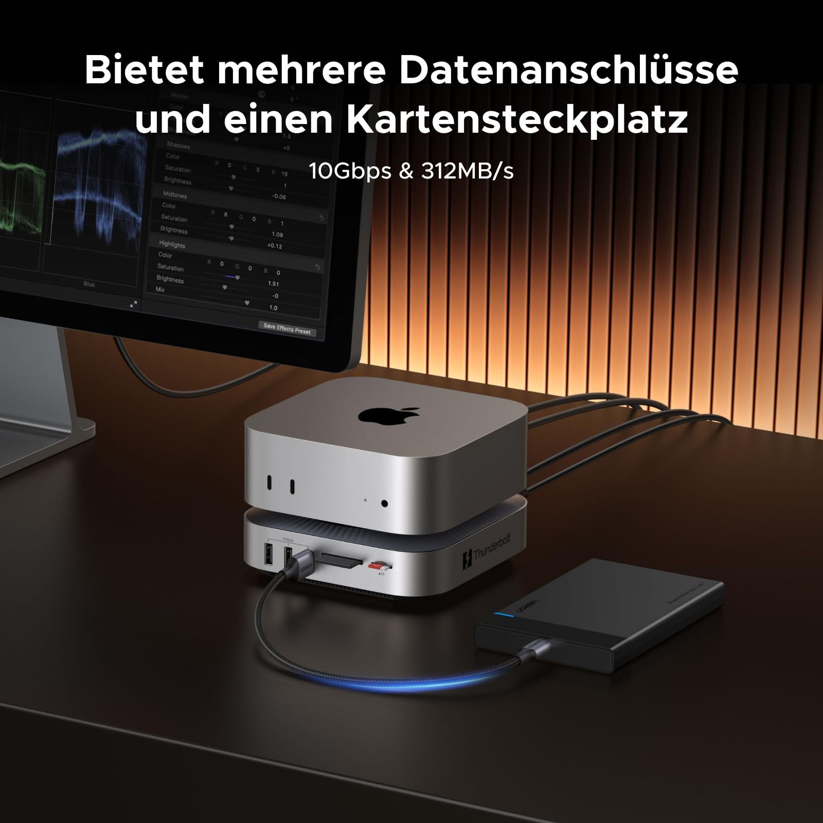UGREEN Maxidok Thunderbolt 5 Mac mini Dock, Revodok 10-in-1 TBT5 Docking Station, 120Gbps Datentransfer, 8TB M.2 NVMe SSD, Single 8K/ Dual 6K@60Hz, SD/TF 4.0, Kühlsystem für Mac mini M4/M4 Pro 7