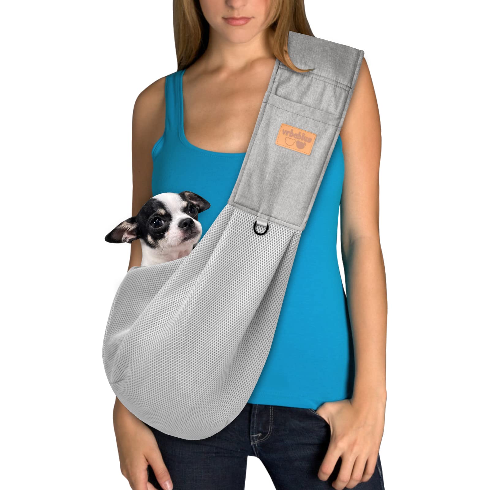 vrbabies Dog Carrier for Small Dogs, Puppy Sling Carrier with Adjustable Strap Soft Cotton Dog Carrier Bag Dog Sling Carriers with Pocket for Travel Outdoor (Breathable Mesh, Mesh Light Grey-L)