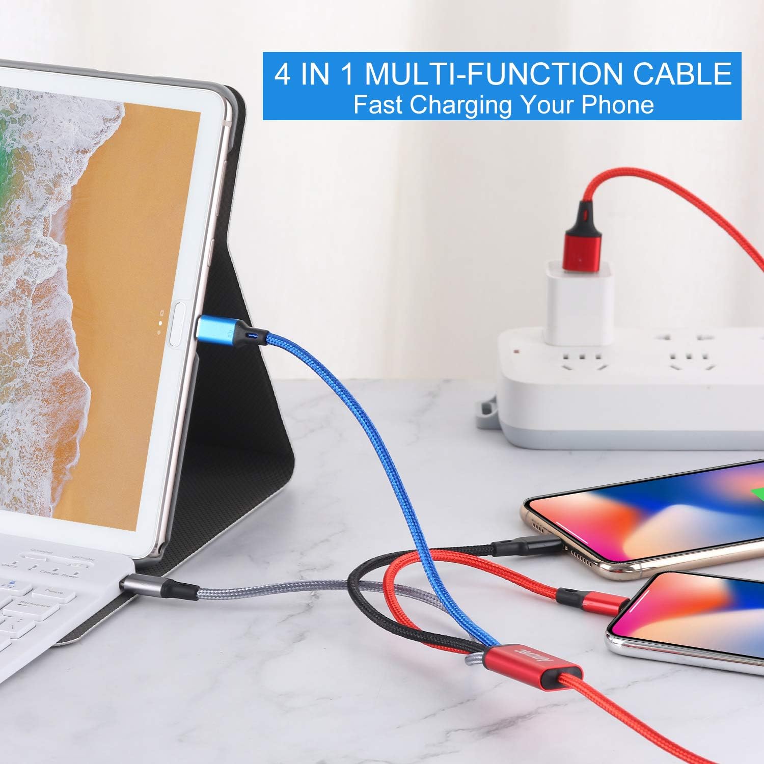 Amuvec Multi USB Charging Cable 3A, 4 in1 Fast Charger Cord Connector with Dual Phone/Type C/Micro USB Port Adapter, Compatible with Tablets/Samsung Galaxy/Google Pixel/LG and More (4FT/2Pack)