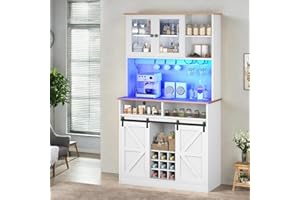 YITAHOME 72" H Farmhouse Coffee Bar Cabinet with Power Outlet, Tall Buffet Cabinet with Wine Rack & LED Light, Bar Cabinets with Sliding Barn Doors for Kitchen, Living Room (White)