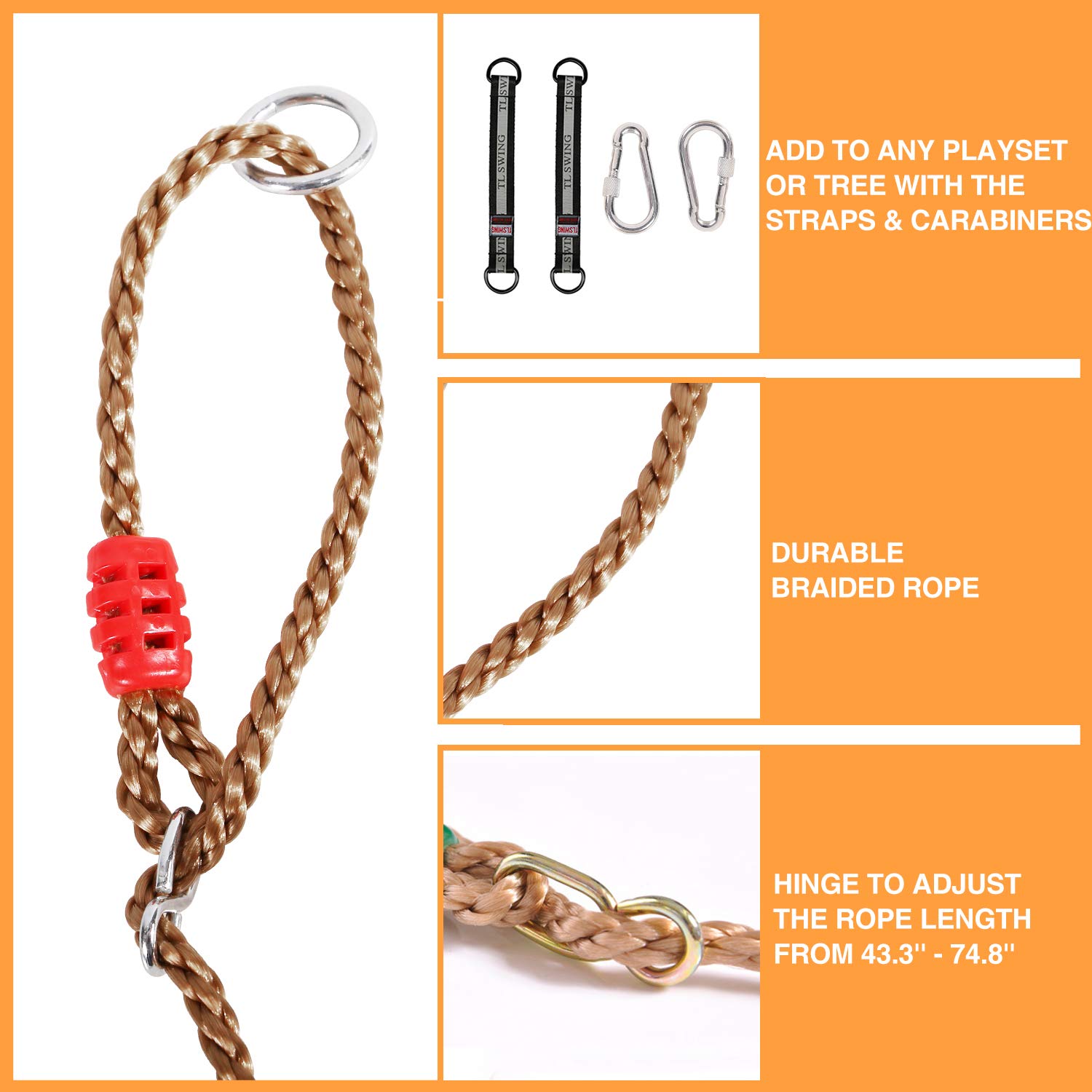 RedSwing Wooden Swing Seat, Wood Tree Swing Seat for Kids Indoor Outdoor, Backyard Swing Set Replament Hanging Swing with Adjustable Rope and Complete Accessories