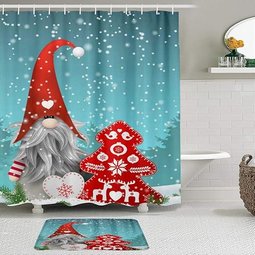 Amazon Com Decisaiya Shower Curtain And Bath Mat Set Lovely Sprite Gnome Snowman Snow Reindeer Merry Christmas Tree Red Bells Snowflake 72x72in Waterproof Bathroom Shower Curtains With Non Slip Bath Rugs Sets Home Kitchen