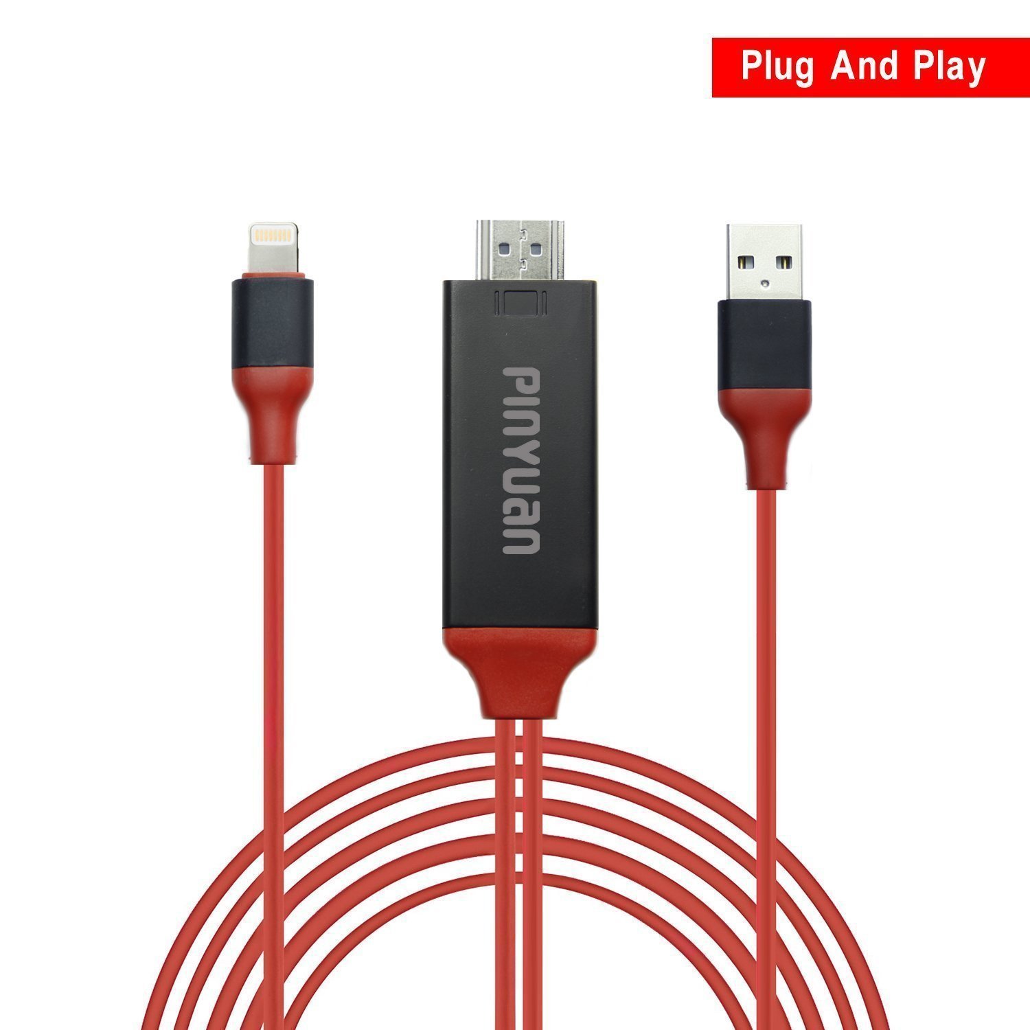 Lighnting Cable to HDMI, HD TV Cable for Iphone,Ipad Mini Video Adapter for  IPhone8 Plus 7 Plus, IPad Air/Mini/Pro, IPod Touch 5th/6th - Plug and Play  (Red)