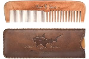 BEARD POWER Wooden Hair Combs for Men,Men's Wood Beard Comb with Leather Travel Case,Mens Combs for Hair,Kids Comb(brown shark)