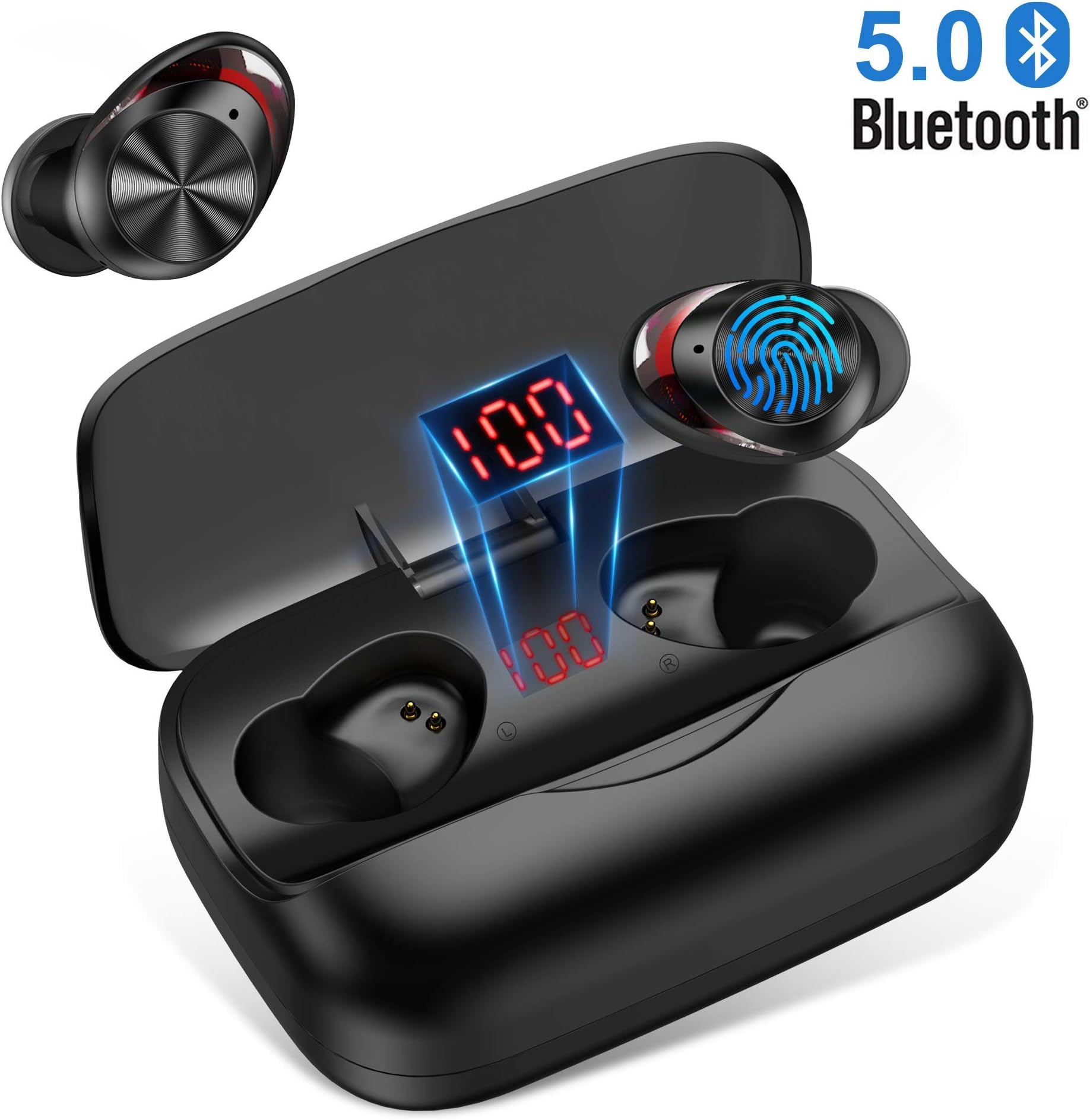 True Wireless Earbuds Bluetooth 5.0, in-Ear IPX5 Waterproof Bluetooth Headphones 126H Playtime with LED Display Charging Case Touch Control for Sports,Workout,Gym