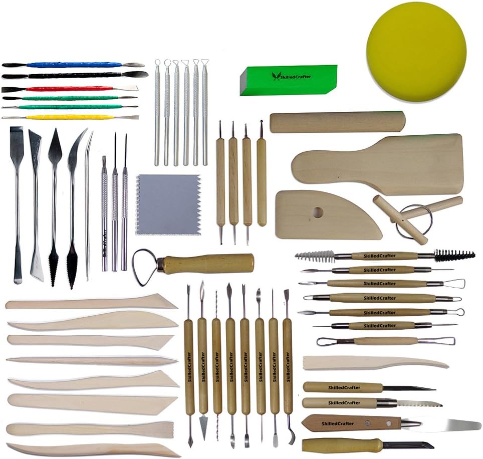 Skilled Crafter Complete Clay Sculpting Collection. Comprehensive 60 Piece Set of Quality Stainless Steel, Aluminum, Birch & Gingko Wood Tools for Detailing & Modeling for Serious Potters & Sculptors