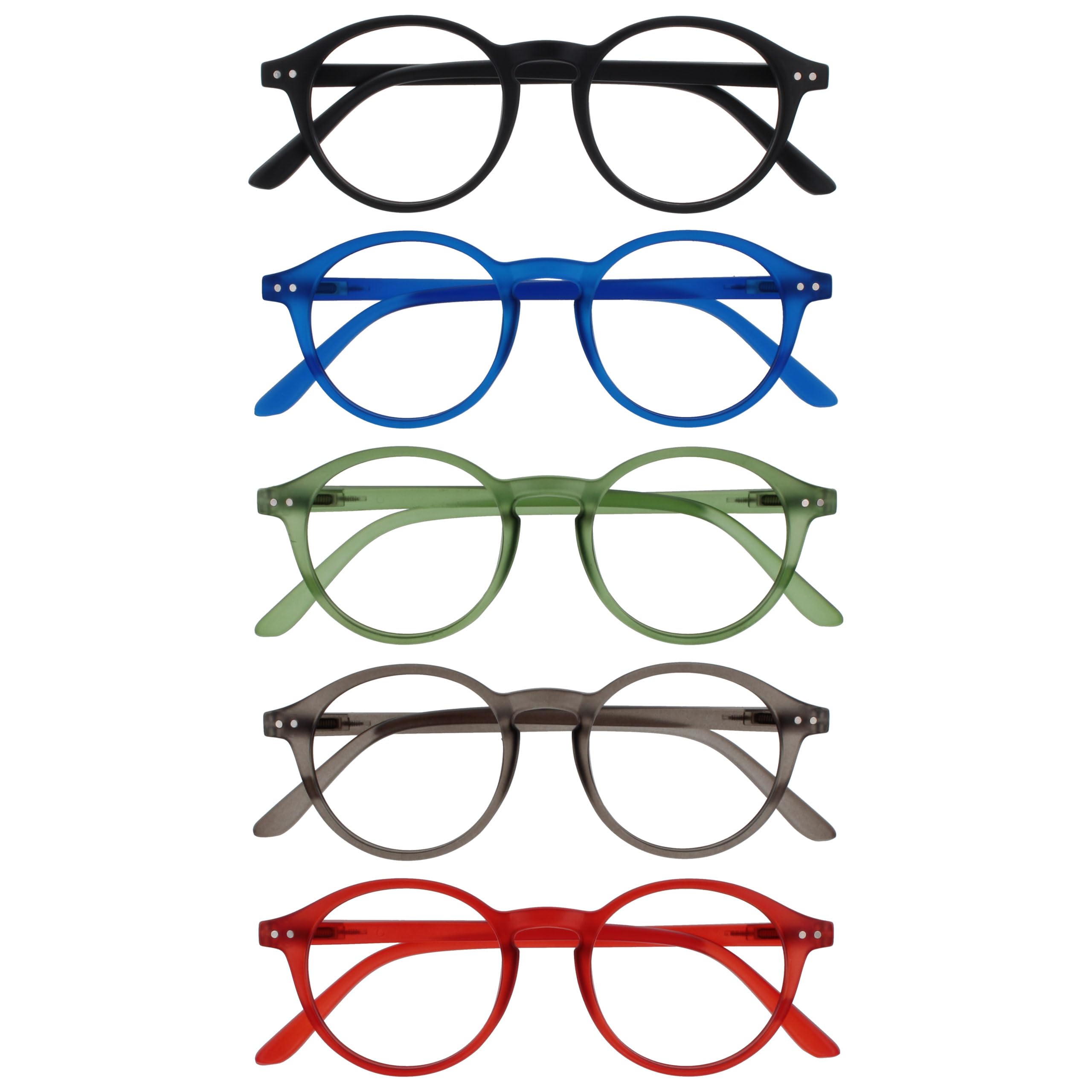 OPULIZE REY Reading Glasses - 5-Pack - Retro Round Frame - Matt Black, Blue, Green, Grey, Red - Mens Womens - Spring Hinges - RRRRR56-1367Z - +2.50