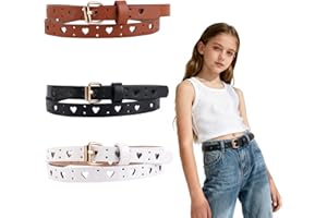 3pcs Girls Leather Belts for Kids Size 10-12, Openwork Heart Style Skinny Leather Toddler Teen Belt Clothing Accessories for 
