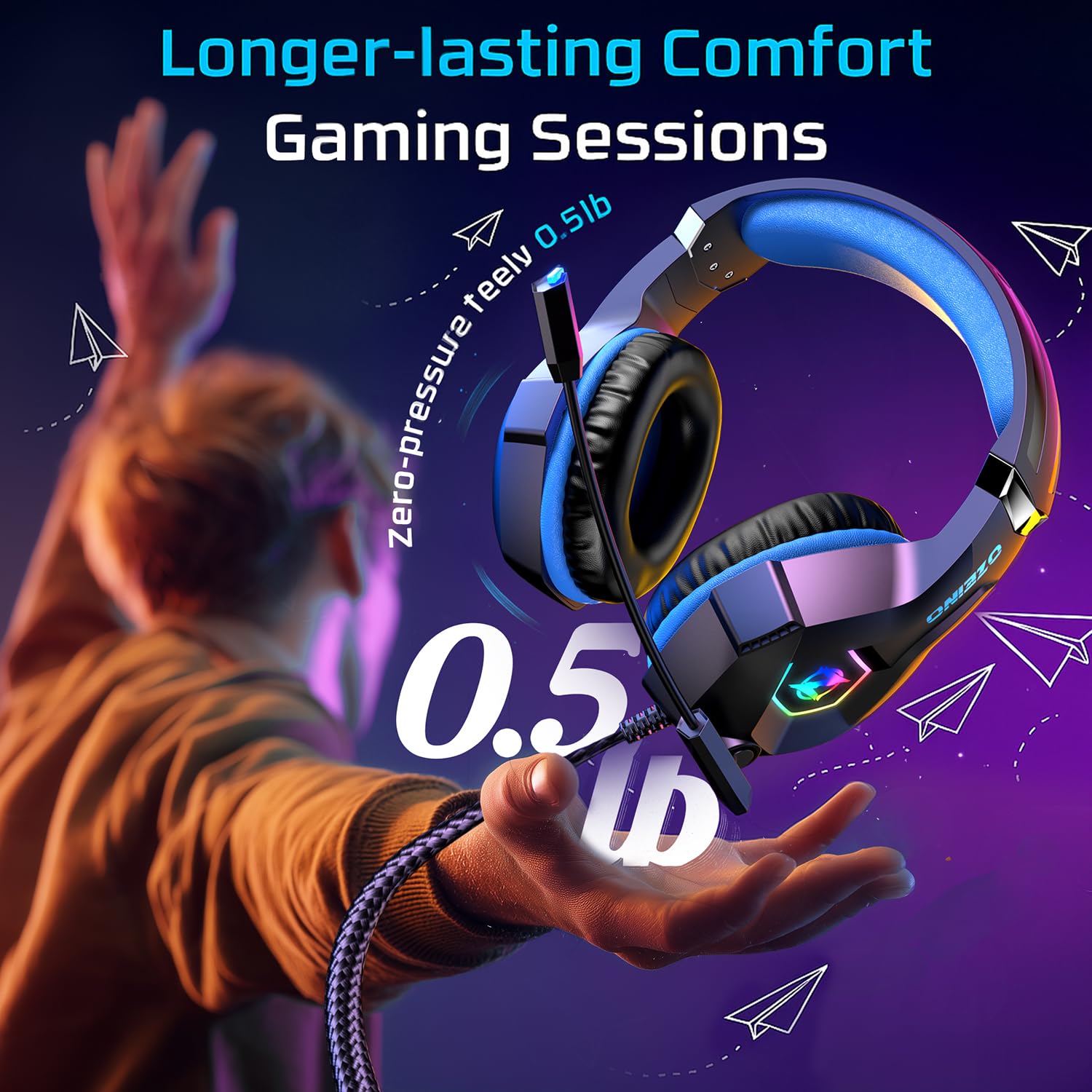 Gaming Headset for PC, Ps4, Ps5, Xbox Headset with 7.1 Surround Sound, Gaming Headphones with Noise Cancelling Mic RGB Light Over Ear Headphones for Xbox Series X/S, Switch-Black Blue