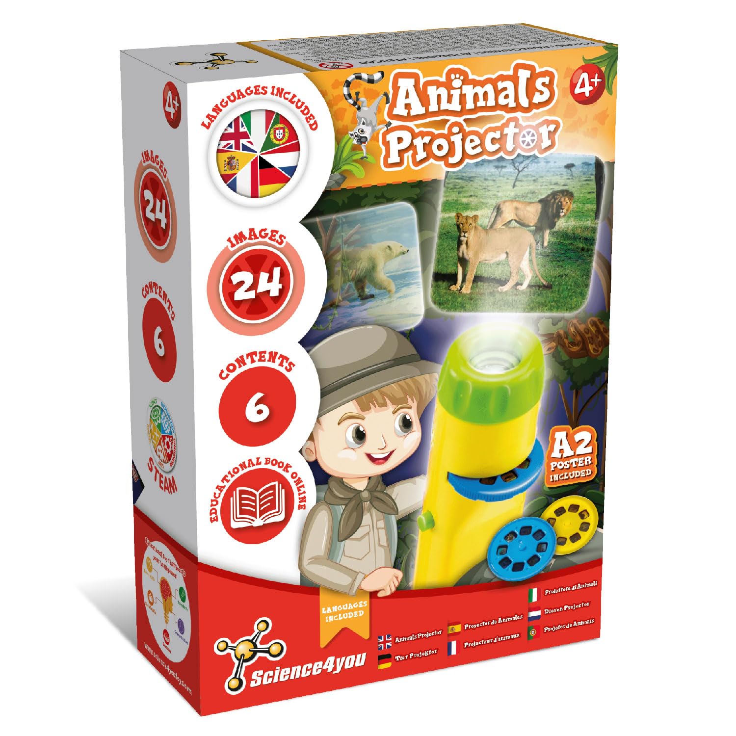 Science4you Animal Torch Projector for Children 4+ Years - Animal Toy for Kids includes 24 Images and Poster, Projector Torch for Kids, Scientific and Educational Toys for 4+