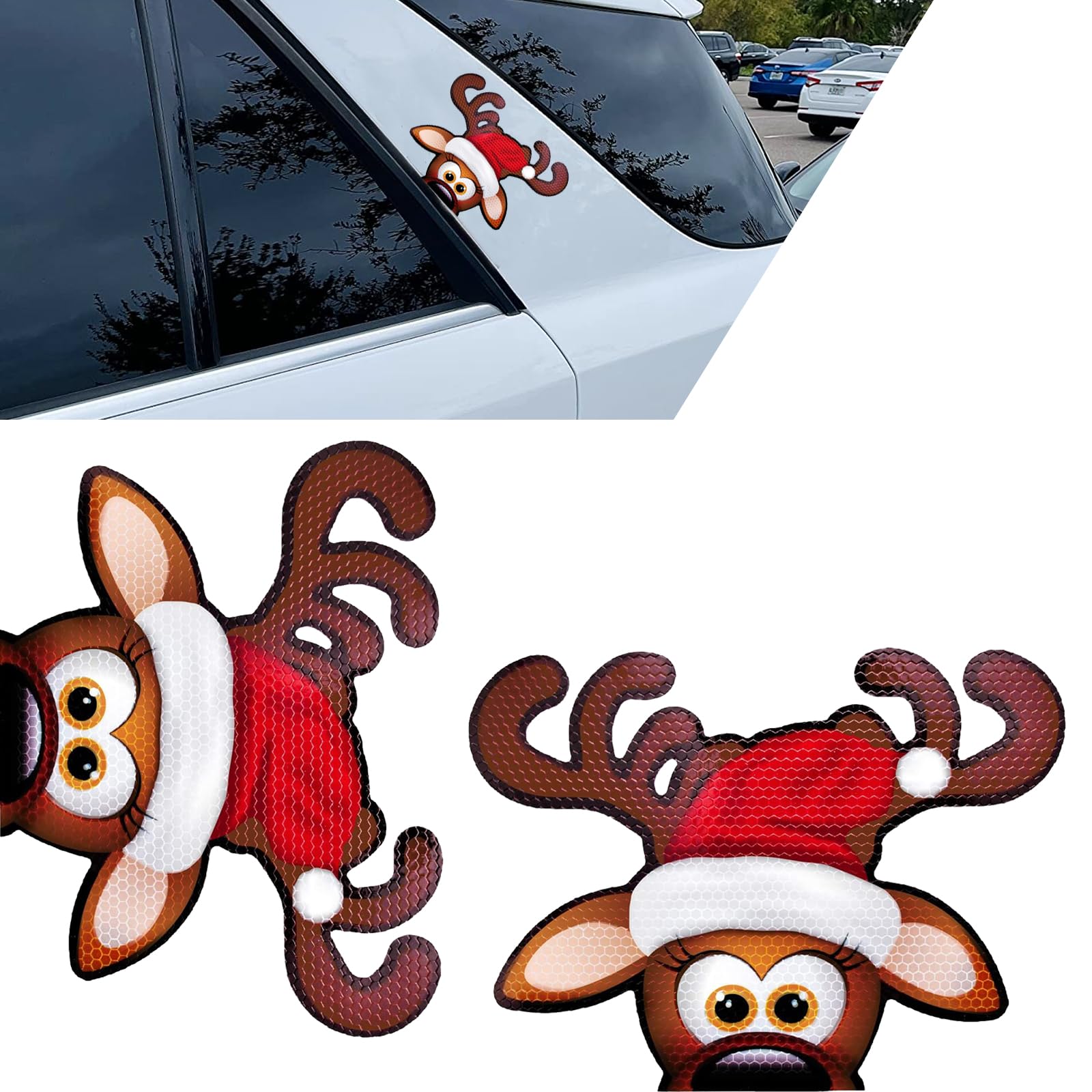 Photo 1 of Christmas Reflective Magnetic Car Body Sticker Decorations, Holiday Car Decor, Cute Christmas Elk Waterproof Self-Adhesive Body Decals, Universal for Most Cars (Red)