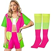 Mukum 4 PCS 80s 90s Color Block Windbreaker Outfits for Women Zip Sport Outfit Elastic Waist Tracksuit Set for 80s Party
