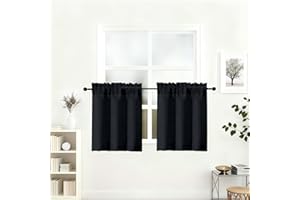 Lecloud Black Kitchen Curtains 24 Inch Length 2 Pcs, Soft Light Filtering Faux Linen Textured Small Tiers, Short Window Drapes for Cabinet Bathroom RV Camper Basement Cafe, Each Panel 30" W x 24" L