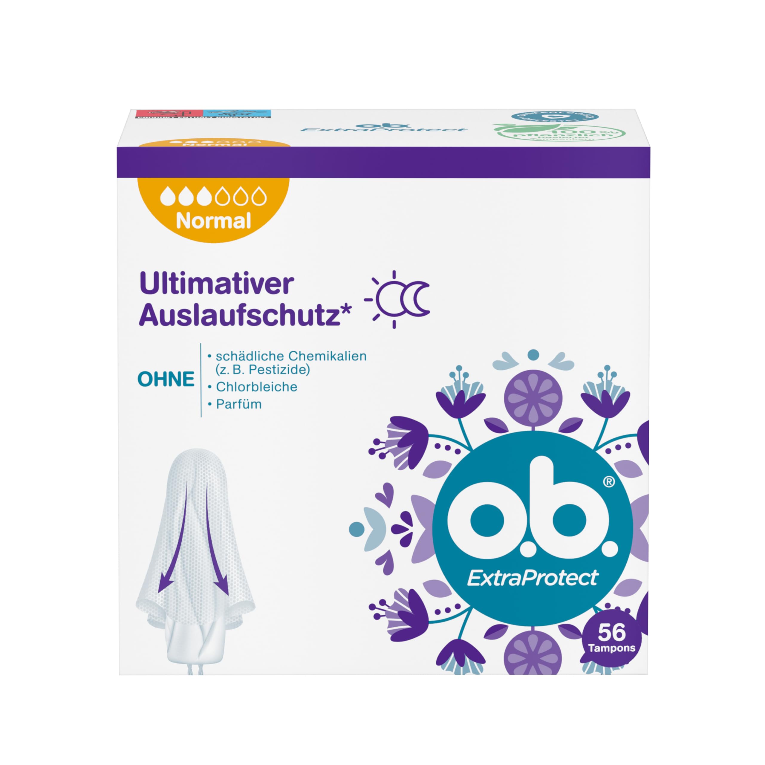 o.b. ExtraProtect Normal (Pack of 56), Tampons for Medium/Stronger Days, Dynamic Fit Technology & Extra Protective Wings for up to 100% Leakage Protection During the Period