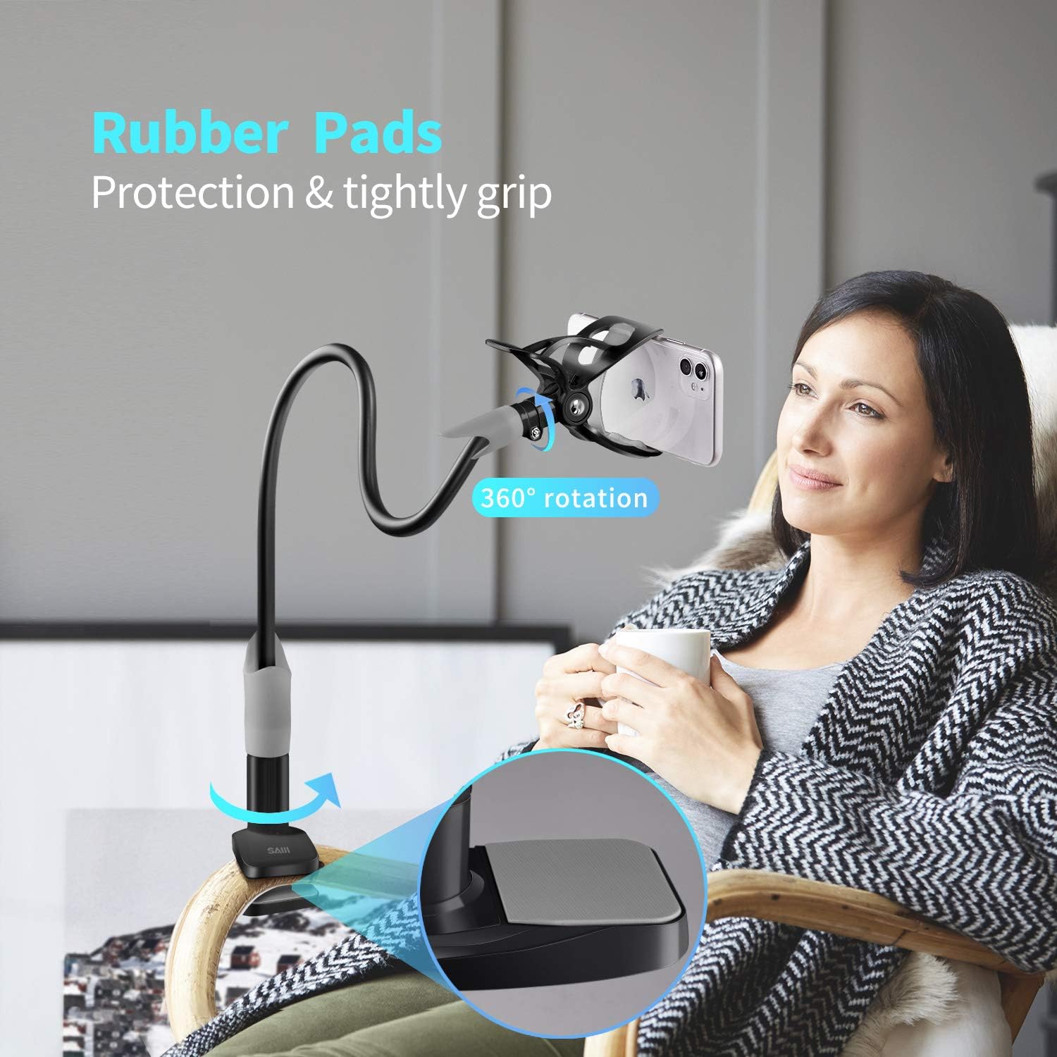Gooseneck Bed Phone Holder, SAIJI Flexible Long Arm Phone Mount for Desk, Clip Bracket Clamp Stand for 4.0-6.5'' Mobile Cell Phone Stand Document Camera Nintendo Switch (Black)