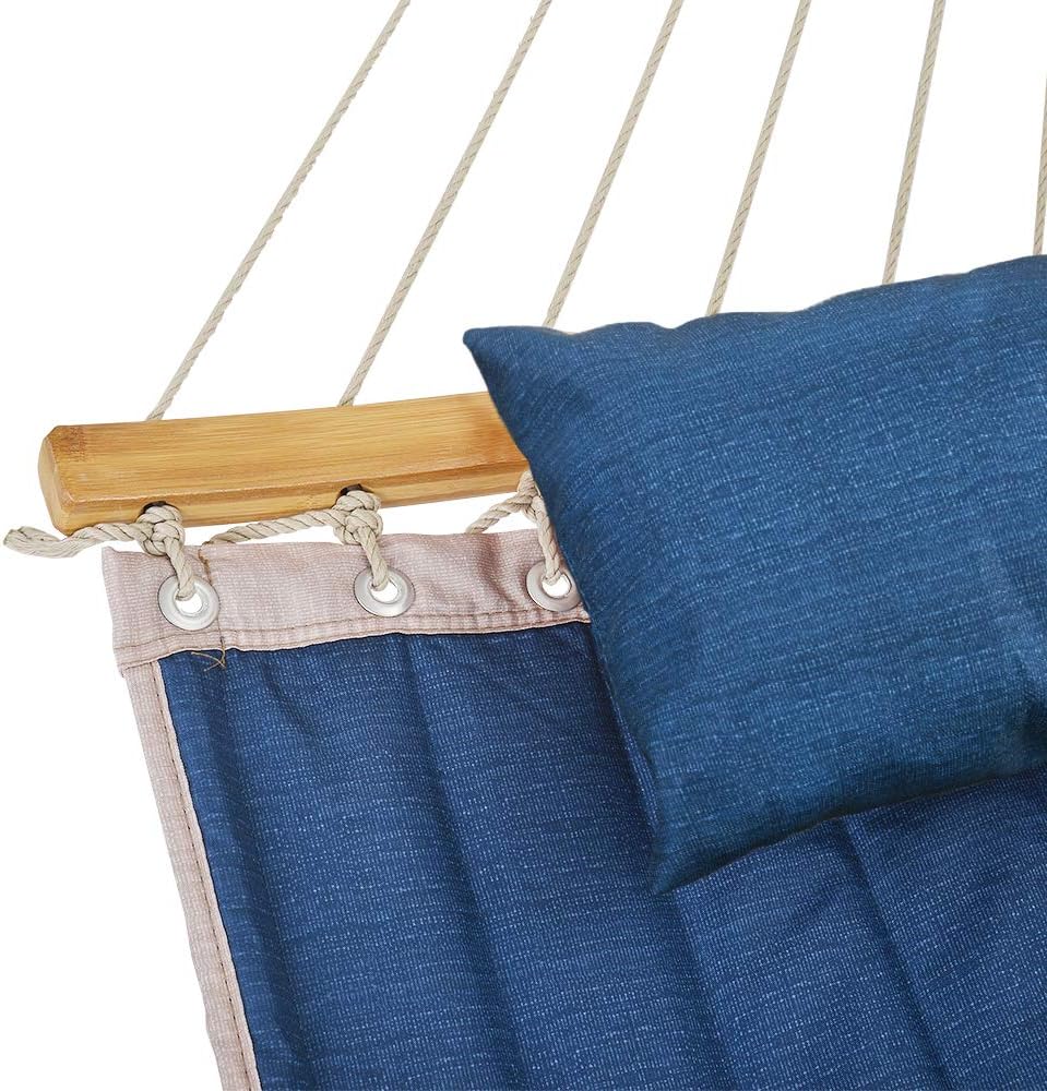 Patio Watcher 11 Feet Quilted Fabric Hammock with Curved-Bar Bamboo and Detachable Pillow, Double Hammock Perfect for Patio Yard Dark Blue : Garden & Outdoor