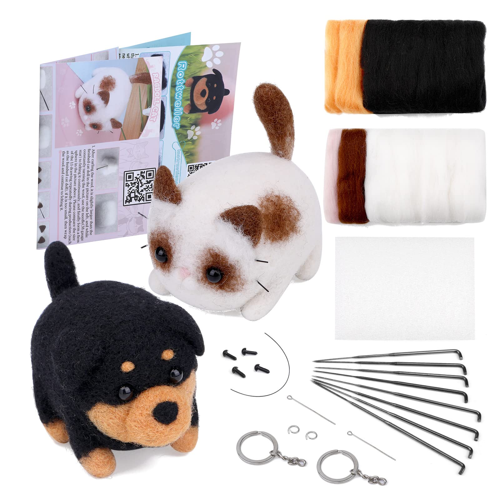 luokefe Needle Felting Kits, 2 Animals Needle Felting Kits with Instruction, Supplies with Tools, DIY Set with Foam Mat for Handcraft Project Beginners