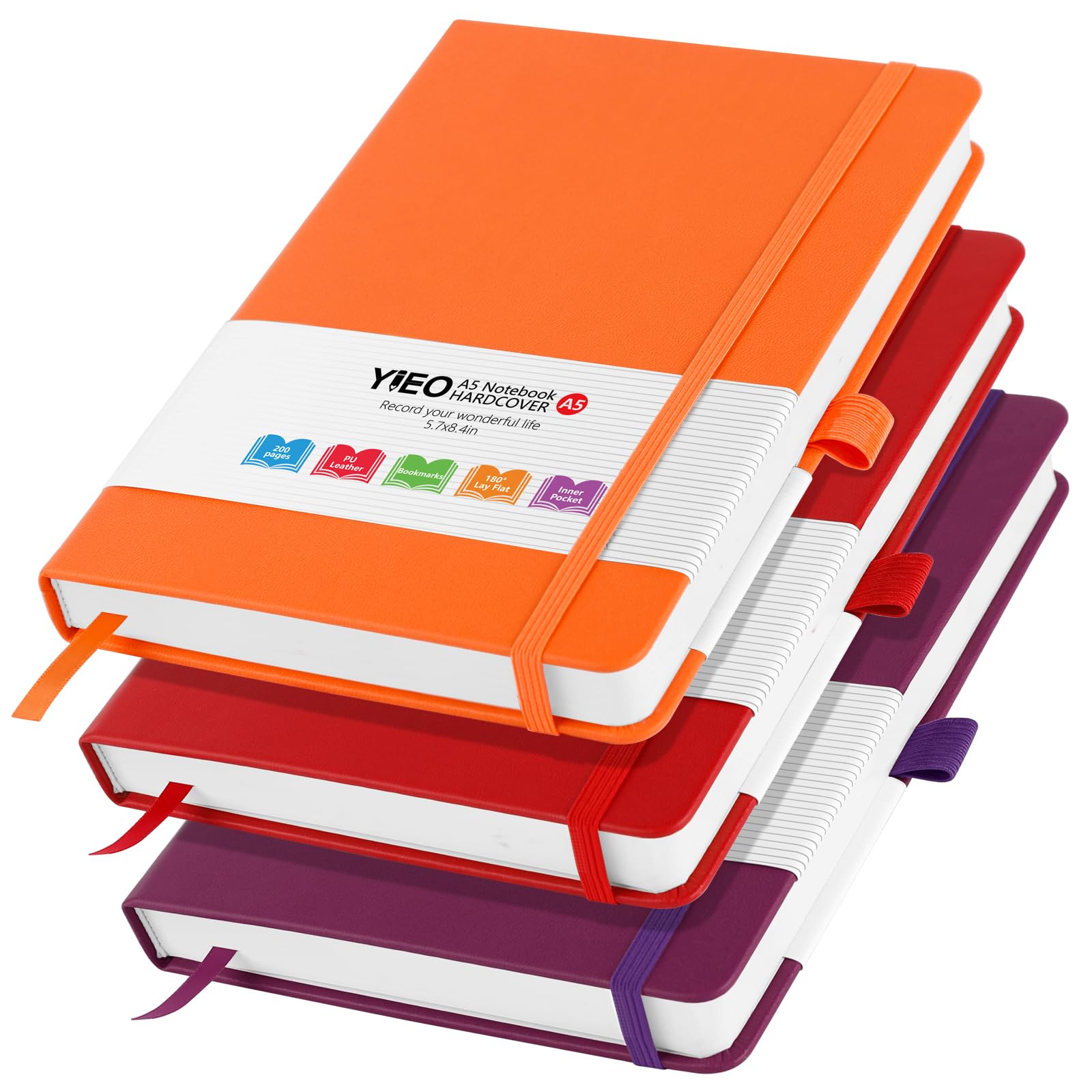 A5 Notebook, 3 Pack Leather Journal Notebook for Women Men, 200 Lined Pages 80GSM Notebooks with Elastic Loop, Pen Loop and Expandable Pocket, Notepad for Office School Supplies (Red, Purple, Orange)