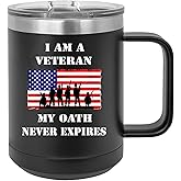 Rogue River Tactical USA Tattered American Flag Veteran Oath Heavy Duty Stainless Steel Black Coffee Mug Tumbler With Lid Novelty Cup Great Gift Idea
