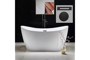 WOODBRIDGE 59" Acrylic Freestanding Bathtub Contemporary Soaking White Tub with Matte Black Overflow and Drain，B0016 -MB-Drain &O