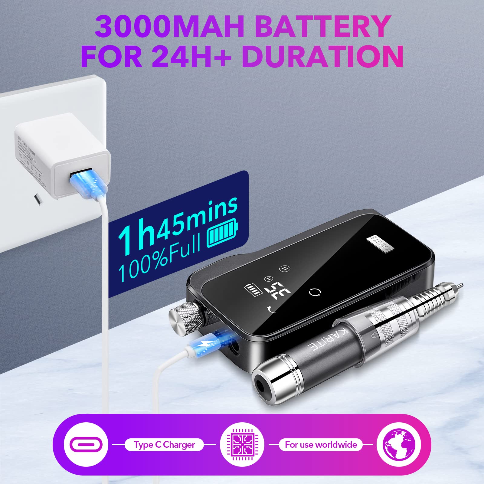 KARITE Nail Drill for Acrylic Nails Professional, 35000RPM Portable Nail File, Electric Nail Drill Machine 24H Working Time, Coreless Motor and 12 Bits, for Nail Art Manicure Pedicure, Low Noise - Image 3