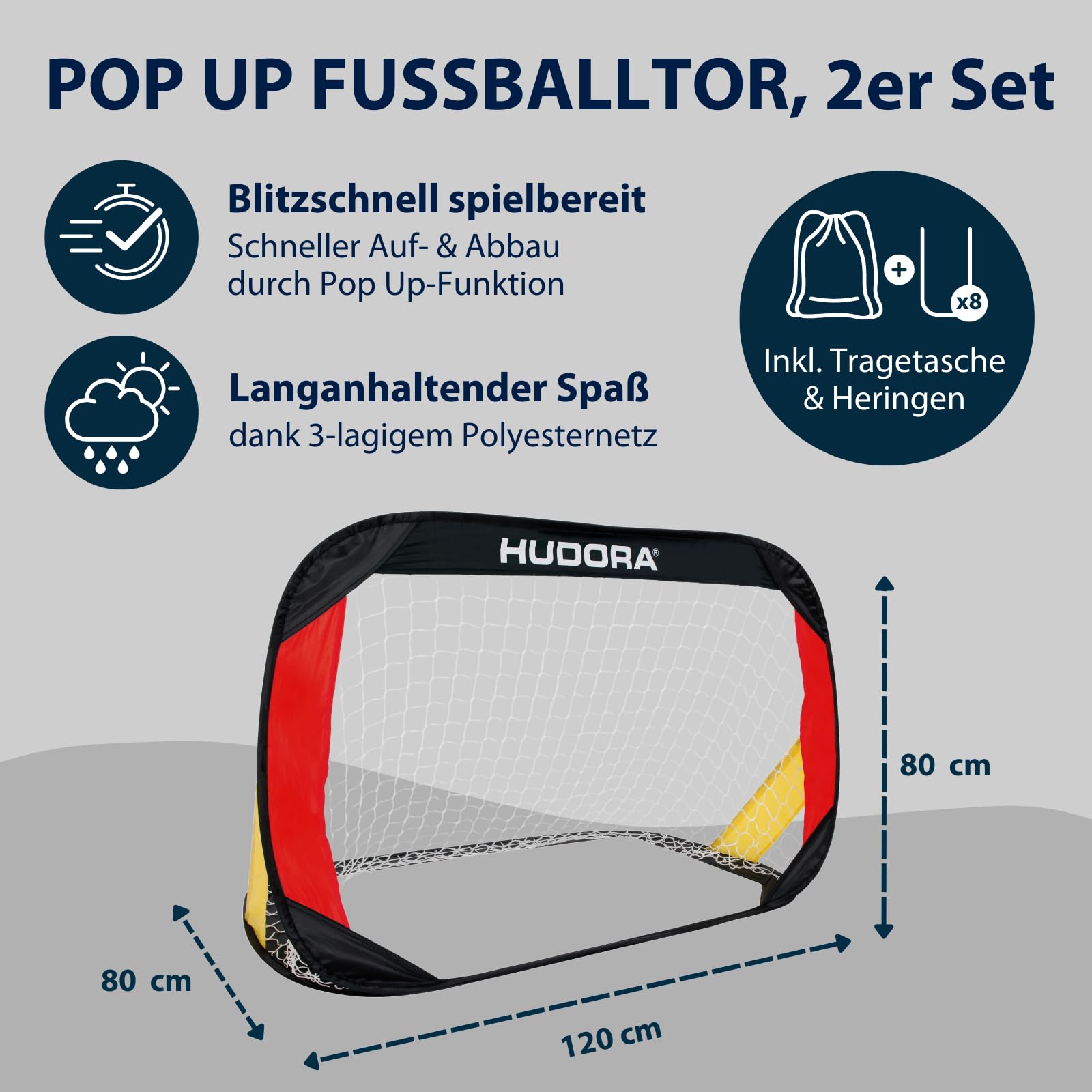 HUDORA Pop Up-Fußballtor 2er Set - Faltbare Fußballtore für Kinder & Erwachsene - Fußballtorset Garten mit Tragetasche & Heringen - Fußball-Tore für Garten / Park & Strand 2