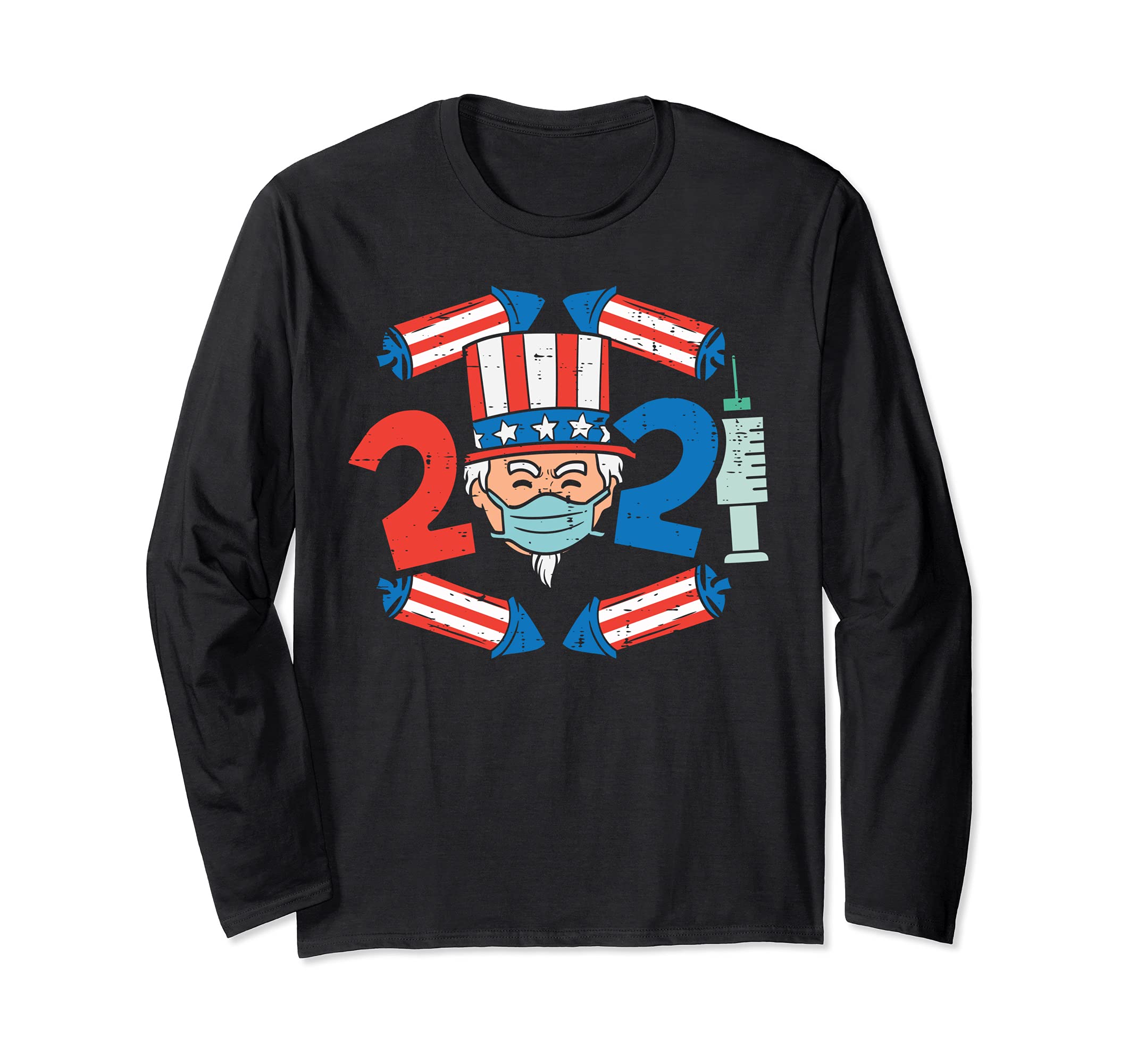 2021 Uncle Sam Face Mask Funny USA 4th Of July Quarantine Long Sleeve T-Shirt