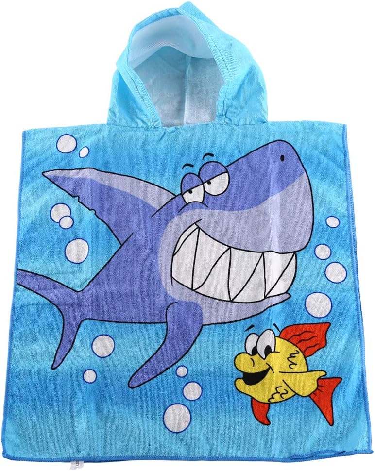 Kids Hooded Beach Bath Towel for Age 2-7 Years - Swim Pool Coverup Poncho Cape Multi-use for Bath/Shower/Pool/Swim 24" x 48"(Lovely Shark VS Clown Fish)
