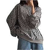 SweatyRocks Women's Leopard Print Tops Oversized Sweatshirt Crewneck Long Sleeve Ribbed Pullovers