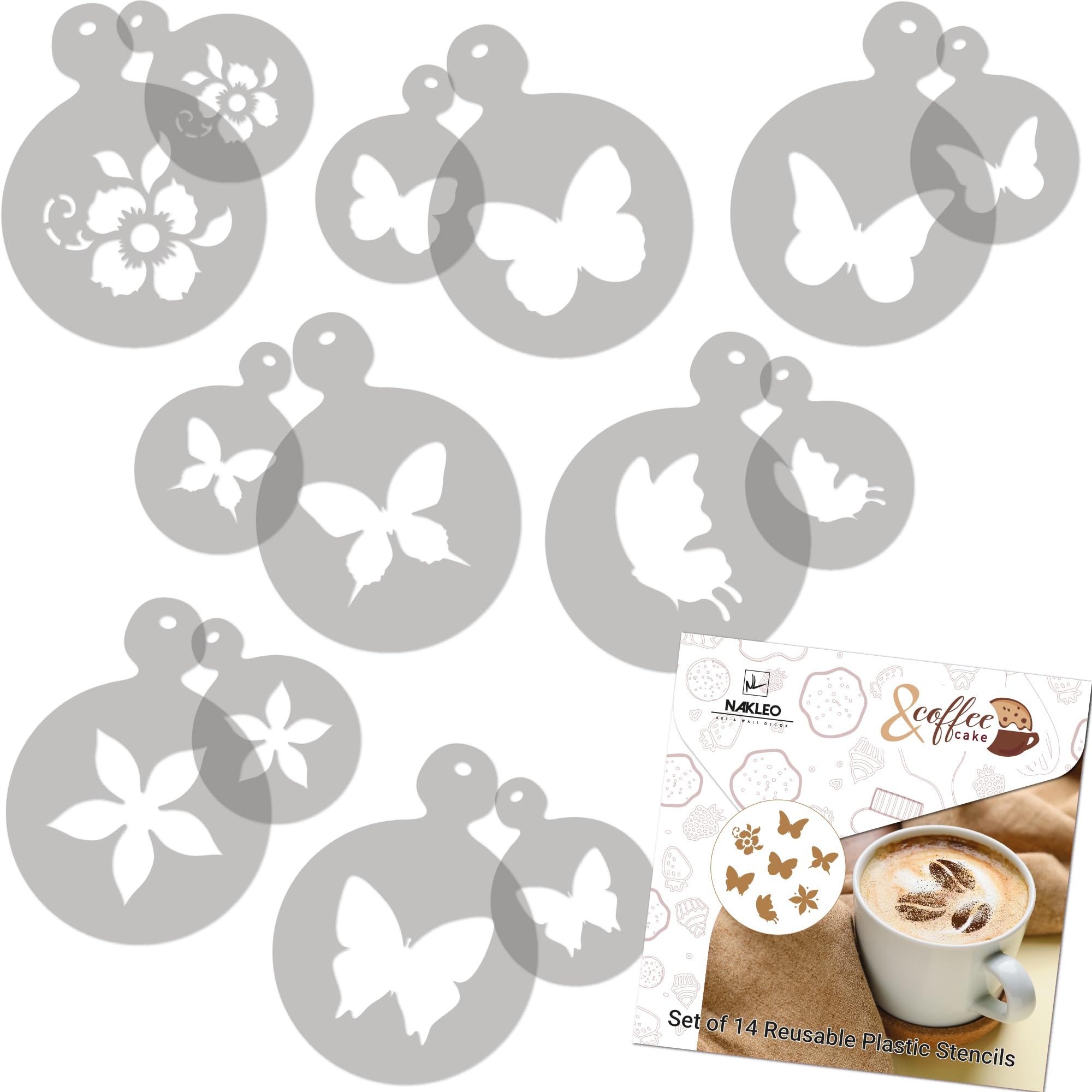 NAKLEO Coffee Stencils and Cookies Decoration 14Pcs 7x7 and 11x11cm, Reusable Plastic Baking Templates, Butterflies Wings Animals, Barista DIY Art Craft, Capuccino Latte Chocolate Cake Biscuit Kitchen