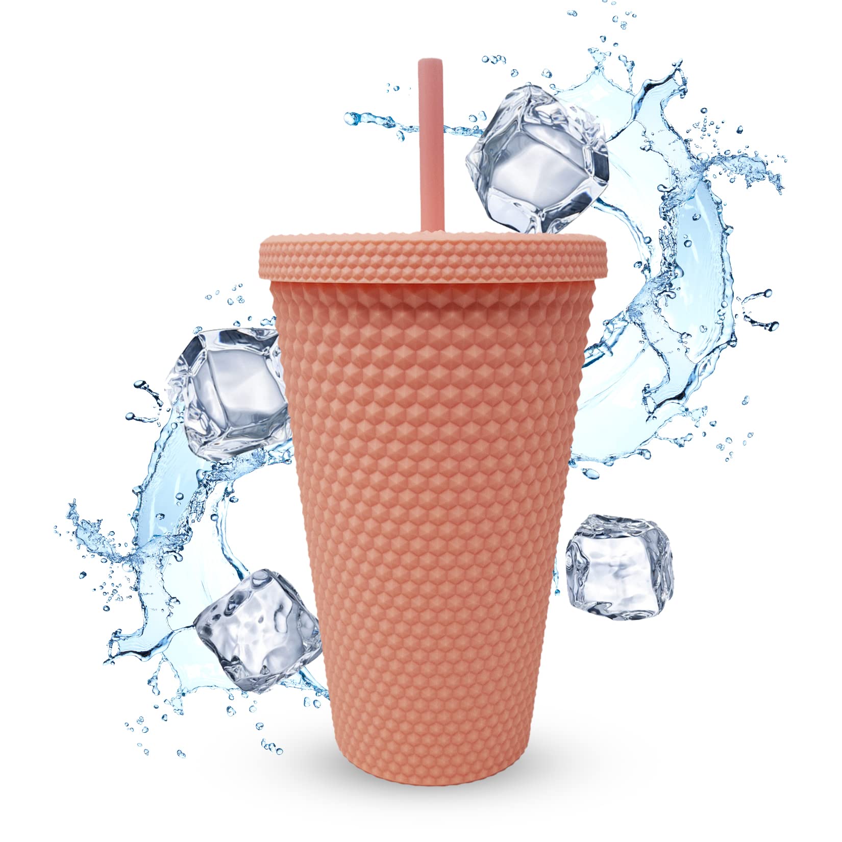 Nadia's Little Treasures Studded Tumbler Straw Lid - Plastic Double Walled Cold Cup for iced Coffee, Water, Slush or Smoothies, Your Home Cinema Cup (Matte Coral 16OZ / 450ml)