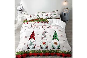 LUVIVIHOME 3PCS Cute Gnome Christmas Duvet Cover Queen, White Duvet Cover, Kids Bedding, Holiday Xmas Tree Balls Snowflake Black Green Red Buffalo Plaid Comforter Bedspread Quilt Cover, 2 Pillow Shams