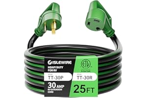 islewire 30 Amp 25 Feet RV Extension Cord with Grip Handle, Heavy Duty 10 Gauge 3-Prong 125V STW Pure Copper RV Cord, NEMA TT-30P/R with Cord Organizer for RV Trailer Campers, Black&Green, ETL Listed