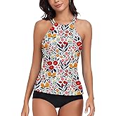 WOWENY Womens Swim Tankini Tops High Neck Bathing Suit Slim Fit Swim Tops UPF 50+ Tummy Control Swimsuits No Bottom