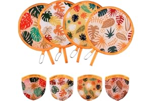 MJFSGYO 4 Pcs Tropical Leaf Round Foldable Hand Fan, Round Japanese Folding Fans, Foldable Cooling Fans for Travel, Events, Indoor & Outdoor (Tropical Leaf-4)