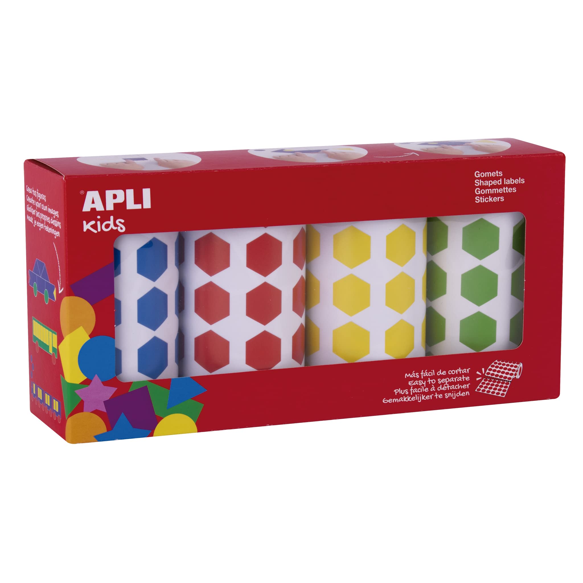 APLI Kids 19192 - Pack of 4 Rolls of 20 mm Hexagon Educational Stickers in Blue, Red, Yellow and Green