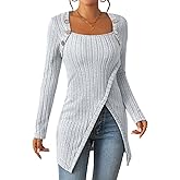 MLXSJ Womens Lightweight Asymmetrical Sweaters Long Sleeve Shirts Casual Fall Button Decor Tunic Tops